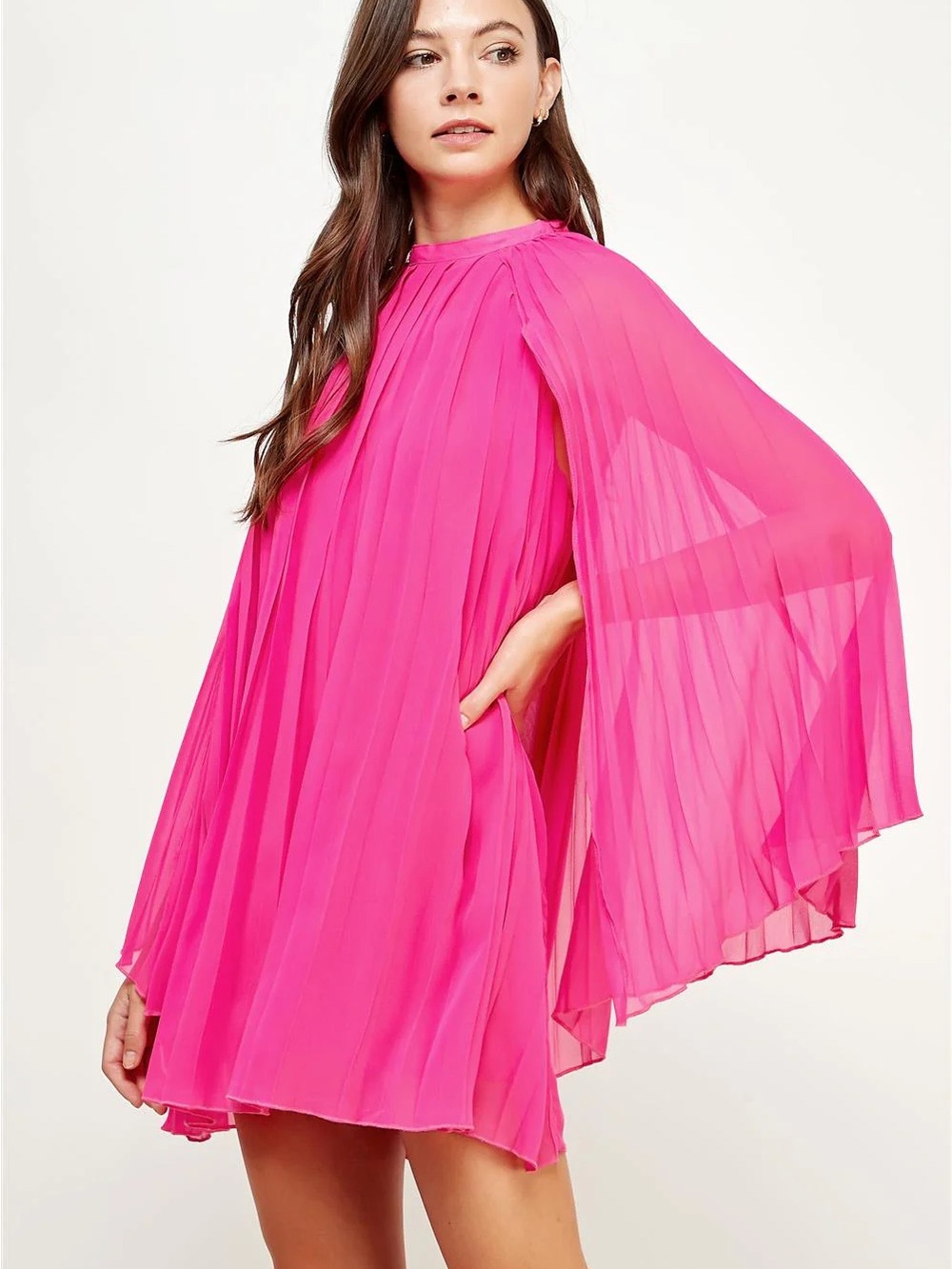 Hot Pink Pleated Cape-Sleeve Mini Dress